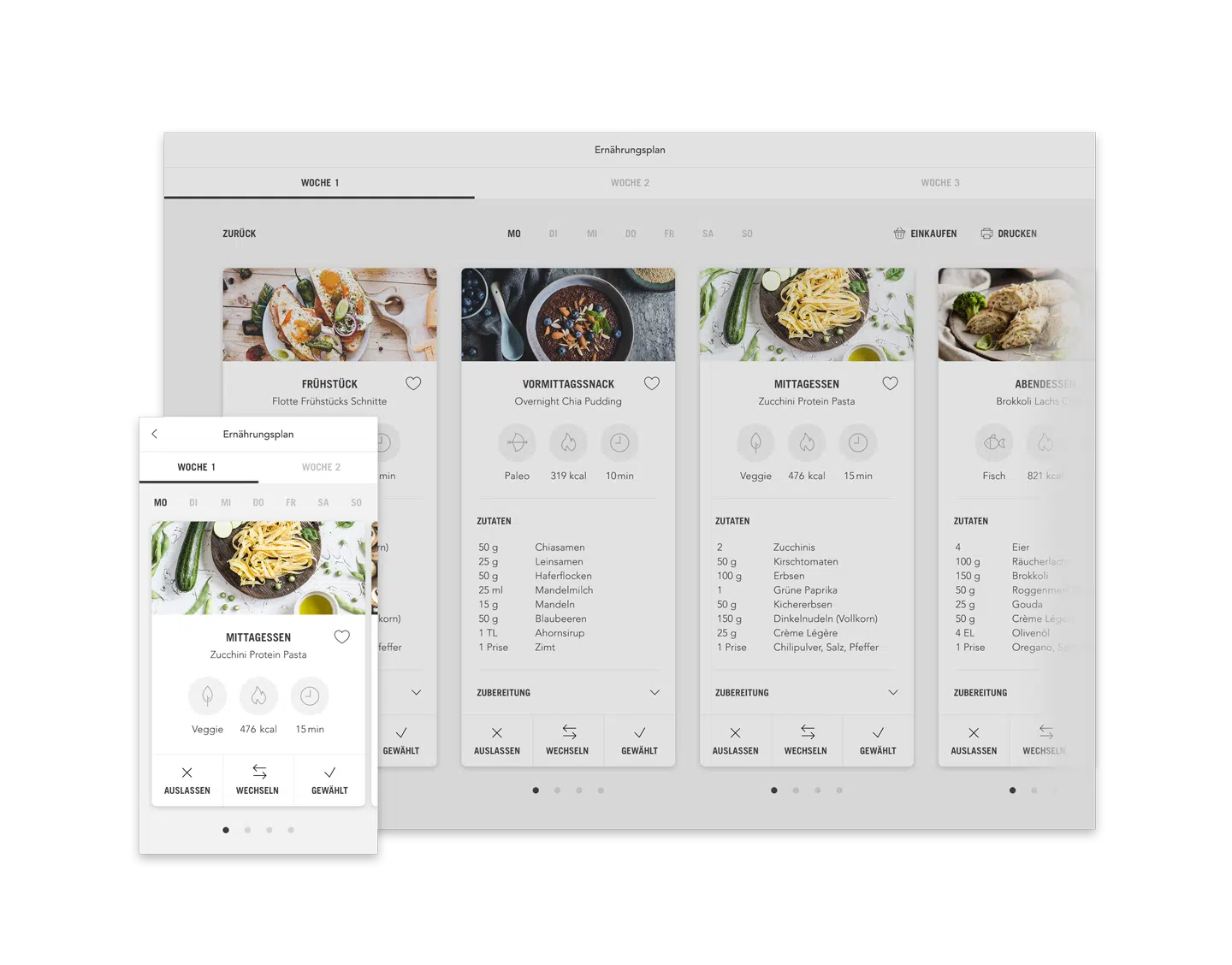 Basisch Fit Ernährungsplan Plan mit Mahlzeiten (Desktop responsive Ansicht Beispiel Tag)